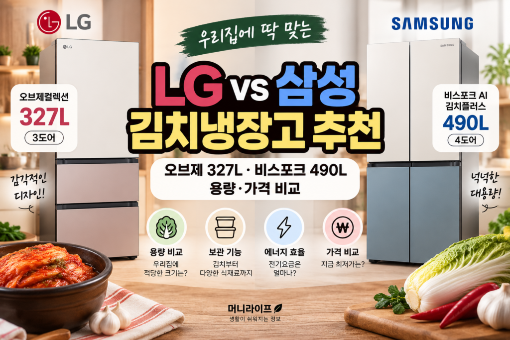 LG vs 삼성 김치냉장고 추천|오브제 327L·비스포크 490L 용량·가격 비교 1 김치냉장고썸네일